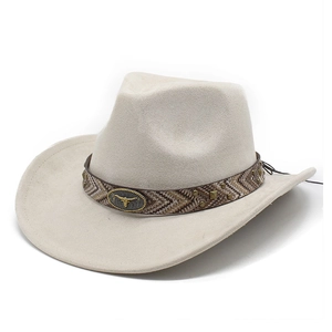 Detail view of the beige suede cowboy hat with a bohemian riveted leather band and bull skull charm