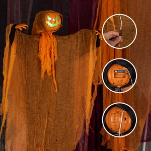 Glow-in-the-dark Halloween pumpkin ghost hanging decor with battery compartment detail