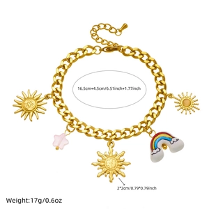 Gold stainless steel bracelet with sun, star, and rainbow pendants and dimensions