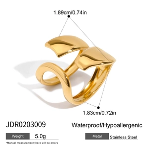 Detailed view of irregular gold stainless steel ring with dimensions and weight specs