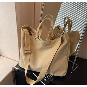 Detail of khaki canvas tote bag showing thick fabric texture and dual strap design