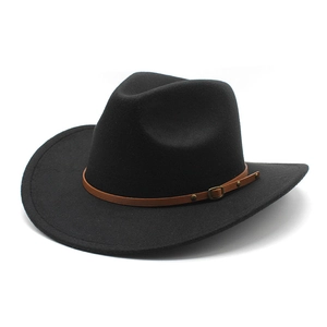 Classic black wool felt cowboy hat with brown leather band and metallic buckle details