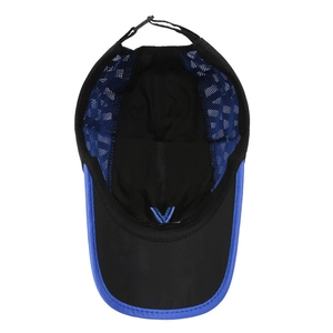 Lightweight black and blue quick-dry baseball cap with V embroidery and mesh panels