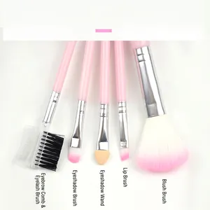 5-piece pink makeup brush set with synthetic bristles for foundation and eyeshadow