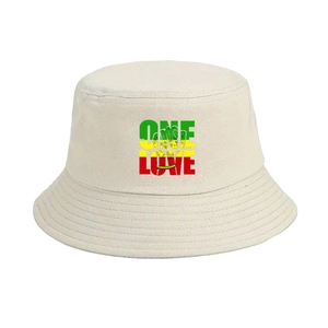 Chapeau bob en toile de coton beige avec imprimé coloré ONE LOVE style Rastafari