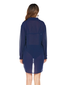 Detail view of navy blue chiffon beach cover-up showing sheer fabric and drape