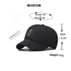 Detailed technical view of black short-brim cap with S embroidery and size dimensions