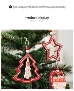 Close-up of wooden Nordic Christmas ornaments featuring reindeer and snowflake patterns