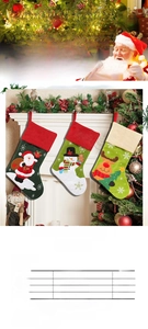 Detailed size chart for Christmas stockings featuring snowman and reindeer patterns