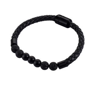 Black braided leather bracelet with natural volcanic lava beads and magnetic buckle
