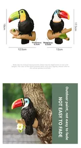 Dimensions détaillées et installation extérieure de toucans décoratifs en résine