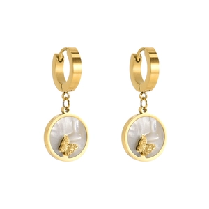 Golden butterfly hoop earrings with white mother-of-pearl round pendant for women