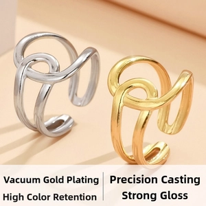 Detailed view of vacuum gold-plated geometric open rings with a high-polished mirror finish
