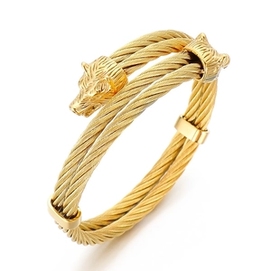 Golden double wolf head stainless steel braided cable open cuff bracelet for men