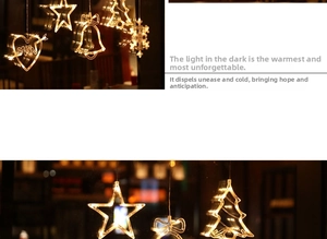 Close-up of star, heart, and snowflake shaped warm yellow LED hanging lights