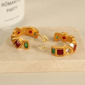 C Shaped Stud Earrings Stainless Steel 18K Gold Plated Colorful Rhinestones Retro Geometric Fashion Jewelry For Women