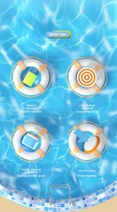 Graphic showing electric water gun features like long-range shot and leak-proof seal