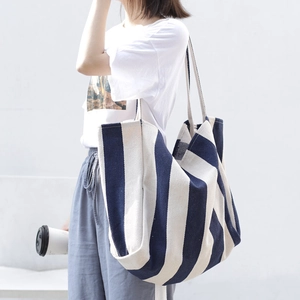 Canvas Tote Bag Vertical Stripe Large Capacity Shoulder Handbag Korean Retro Casual Style For Women Daily Travel