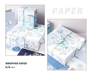 Marine life gift wrapping paper set with colorful coral and fish patterns on white background