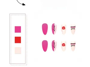 Detail of pink stiletto press-on nails with love letters and lip print patterns