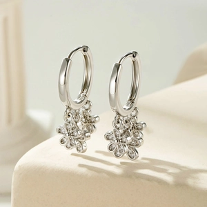 Copper Zirconia Flower Tassel Hoop Earring Silver Color Sweet Minimalist Dainty Jewelry Women