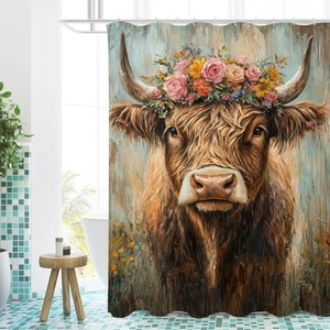 3D Christmas highland cow shower curtain with floral oil painting print for bathroom decor