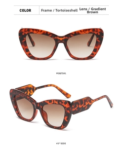 Front and side view of cat eye sunglasses with tortoise frame and gradient brown lenses