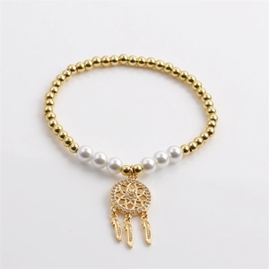 Fashionable gold plated dreamcatcher charm bracelet with white pearls and metal beads