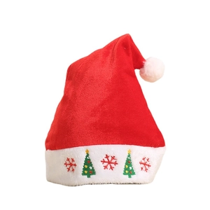 Thick velvet red Santa hat with white faux fur trim and embroidered Christmas tree patterns