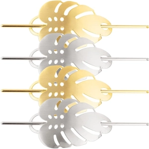 Detailed view of four hollow metal leaf hair pins in gold and silver finish