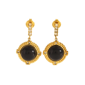 Vintage French 18k gold plated stainless steel earrings with obsidian and rhinestones