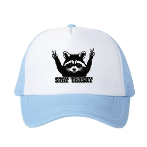 Blue and white Stay Trashy raccoon trucker hat with mesh back and adjustable fit