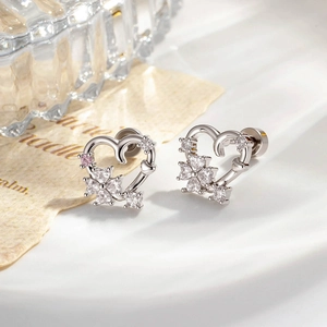 Hollow Heart Flower Helix Stud Titanium Steel Zircon Piercing Earring For Women Sweet Romantic Style Jewelry