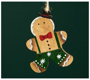 Detail of wooden gingerbread man pendant with hand-painted colors and red bow tie