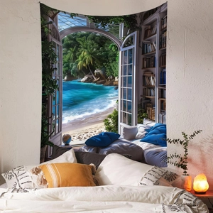 Detail view of the window scenery tapestry showing tropical sea and library bookshelf