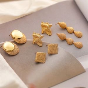 Matte Frosted Metal Earrings Geometric Copper Dangle Stud Jewelry For Women Fashion Minimalist
