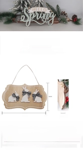 Detail of wooden Happy Easter bunny plaque showing dimensions 90x60mm with hanging rope