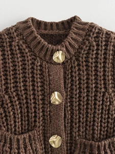 Chunky knit brown vest cardigan with gold buttons and round neck for women