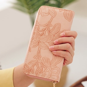Elegant pink floral embossed long wallet with high capacity zipper and hand-held view