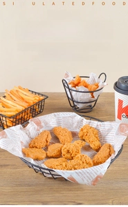 Detailed view of realistic PVC fried chicken and fries in a black wire display basket
