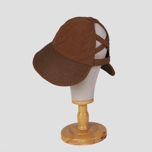 Detail of dark brown ponytail baseball cap with straw brim and criss-cross back elastic bands