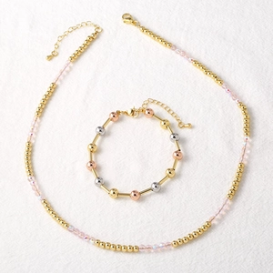 Simple Copper Beaded Necklace Bracelet Jewelry Set Pink Crystal Faceted Beads Electroplated Gold Tricolor Jewelry For Women