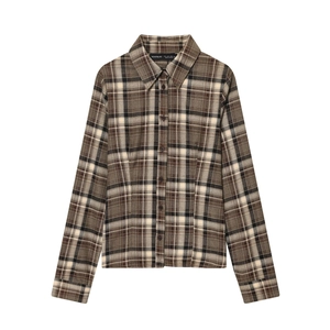 Women's classic slim fit plaid shirt with brown check pattern and button-down front