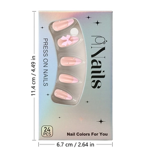 Package dimensions of 24pcs pink French press-on nails with pearls and 3D bows