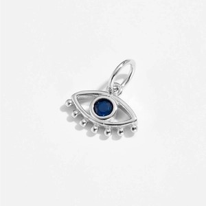 S925 sterling silver evil eye pendant with deep blue zircon stone on white background