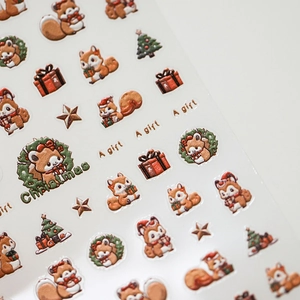 3D Christmas squirrel nail stickers with embossed forest green and red holiday designs