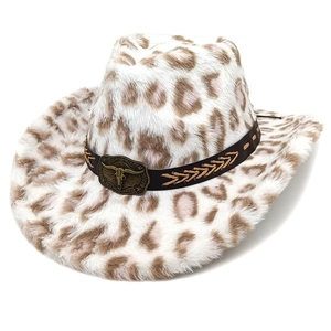 Leopard print plush cowboy hat with longhorn metal buckle and faux fur texture