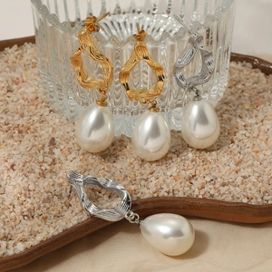 Stainless Steel Irregular Textured Hoop Earrings With Teardrop Artificial Pearl Pendants Elegant Minimalist Jewelry For Women