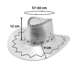Silver metallic cowboy hat size details showing 57-60cm circumference and 9cm brim width
