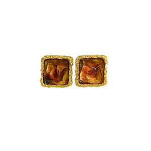 Vintage 18k gold plated pearl flower earrings with amber resin in a square frame